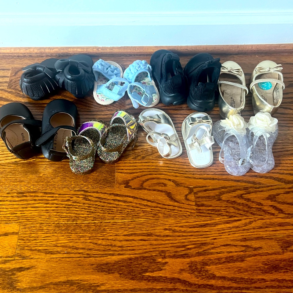 Shoes: New born to 18 month. A total of 8 pairs of shoes.